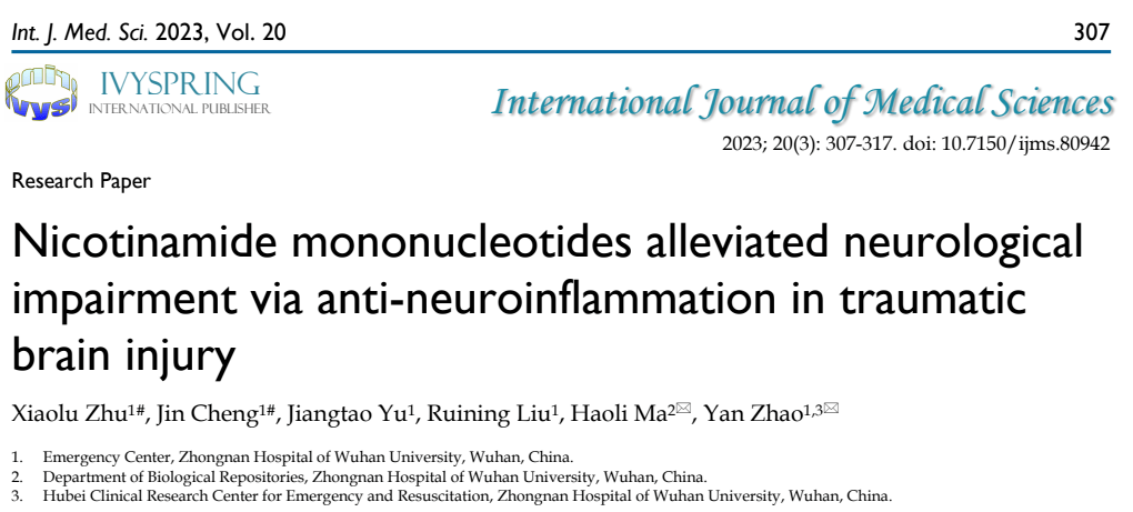 Nicotinamide mononucleotides alleviated neurologicalimpairment via anti-neuroinflammation in traumaticbrain injury